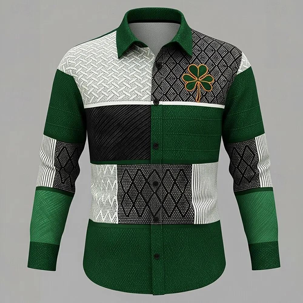 Chemise décontractée à manches longues pour homme, motif bicolore bleu et noir orné d'un logo trèfle