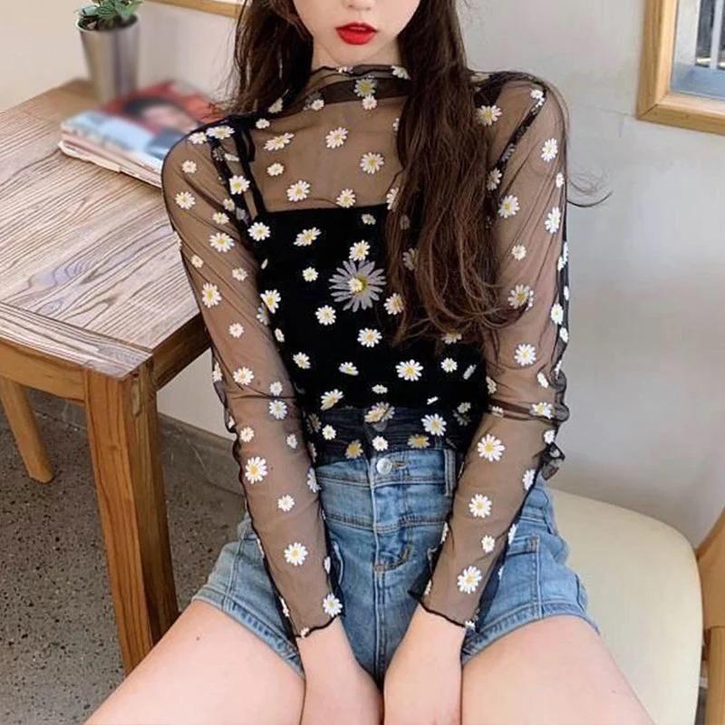T-Shirt en maille ajourée pour femme, haut court à motif de fleur de marguerite, sexy, Transparent, 