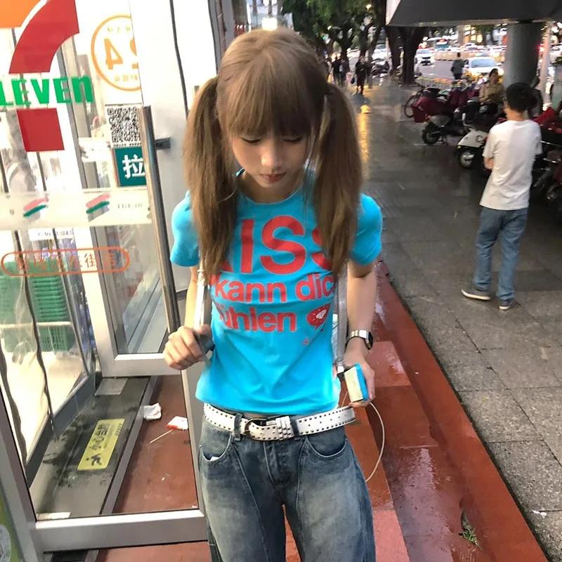 Karrram japonais Y2k lettre impression T-shirt Trashy 2000s Style haut court Vintage Harajuku manche