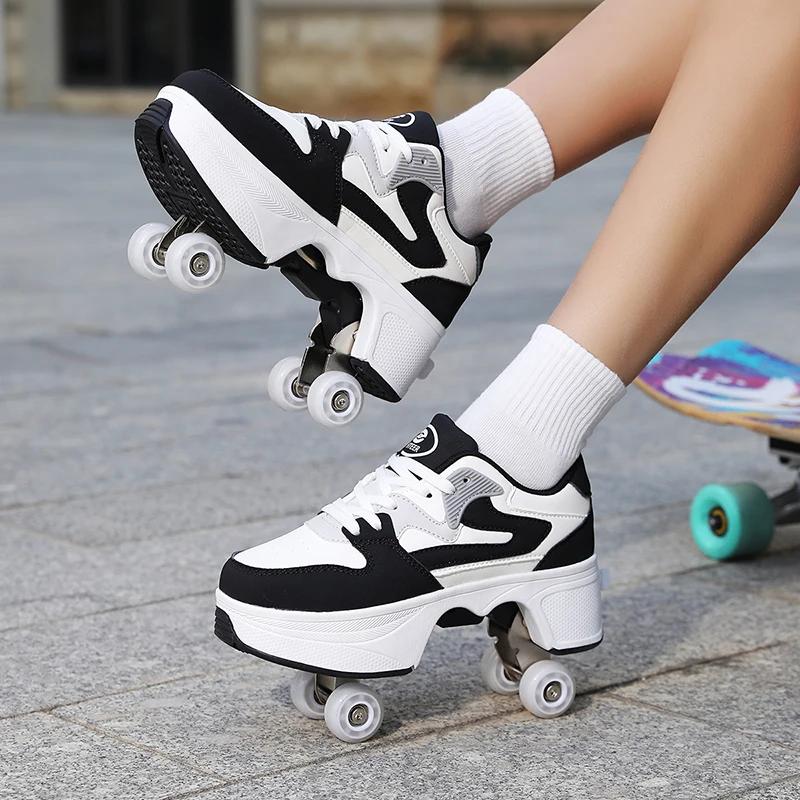 Chaussures à roulettes pour enfants avec 4 roues, patins à roulettes, chaussures de parkour déformab