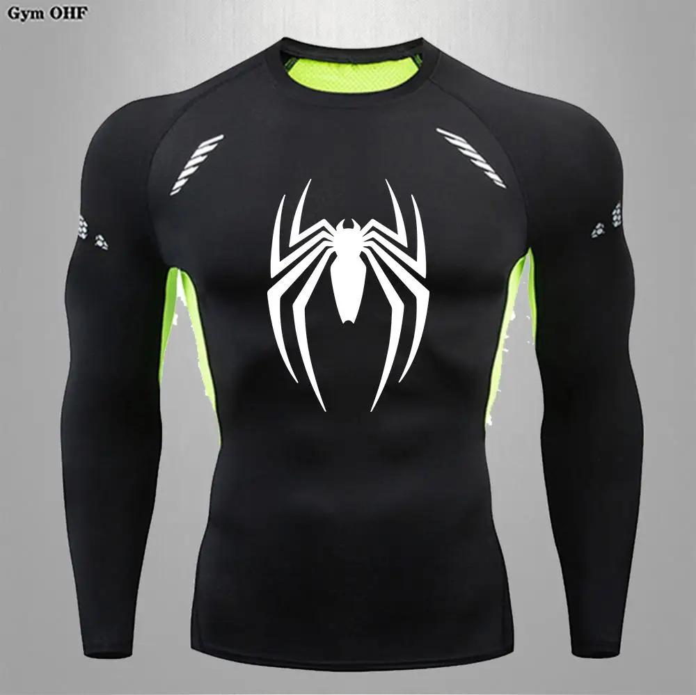 T-shirt compression imprimé Spider pour hommes - Rashguard manches courtes MMA et musculation