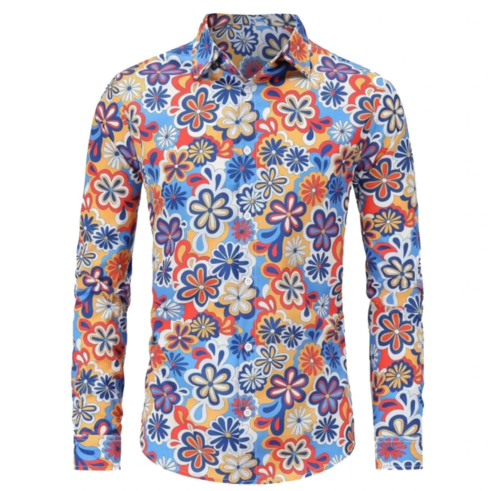 ​ Chemise Hippie d'été des années 70 pour hommes, haut décontracté à manches longues et boutons rétr