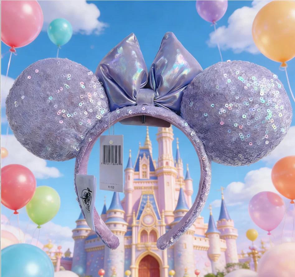 Bandeau oreilles Disney Minnie Mouse avec nœud à paillettes violettes, cerceau pour cheveux Cosplay 