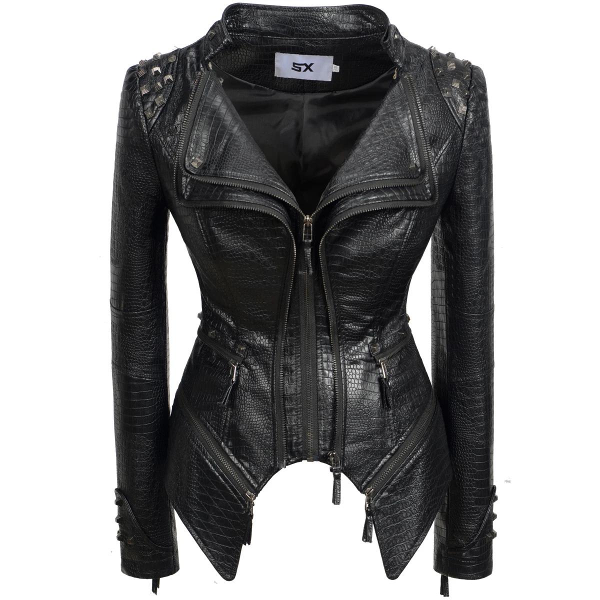 Mode SX femmes Crocodile Rivet PU veste forme parfaite moto vélo veste