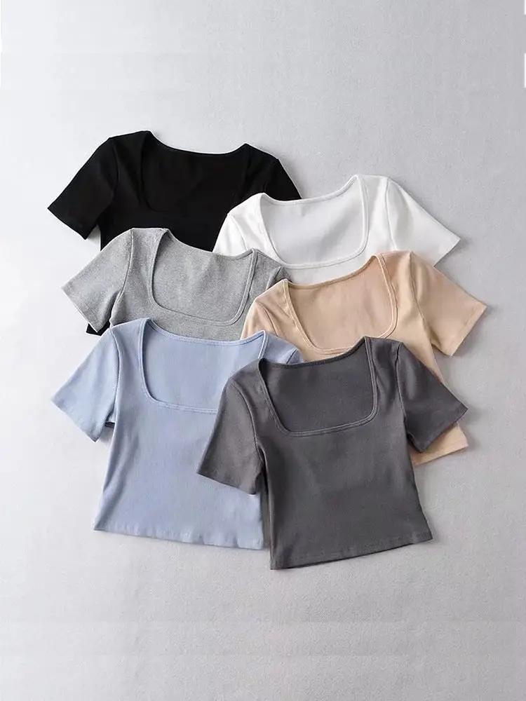 T-shirt court côtelé à col carré pour femmes, haut court à manches courtes