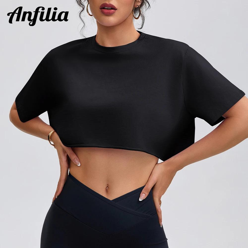 Anfilia femmes mode chemises de Yoga coupe ample col rond manches courtes 95% coton respirant gymnas