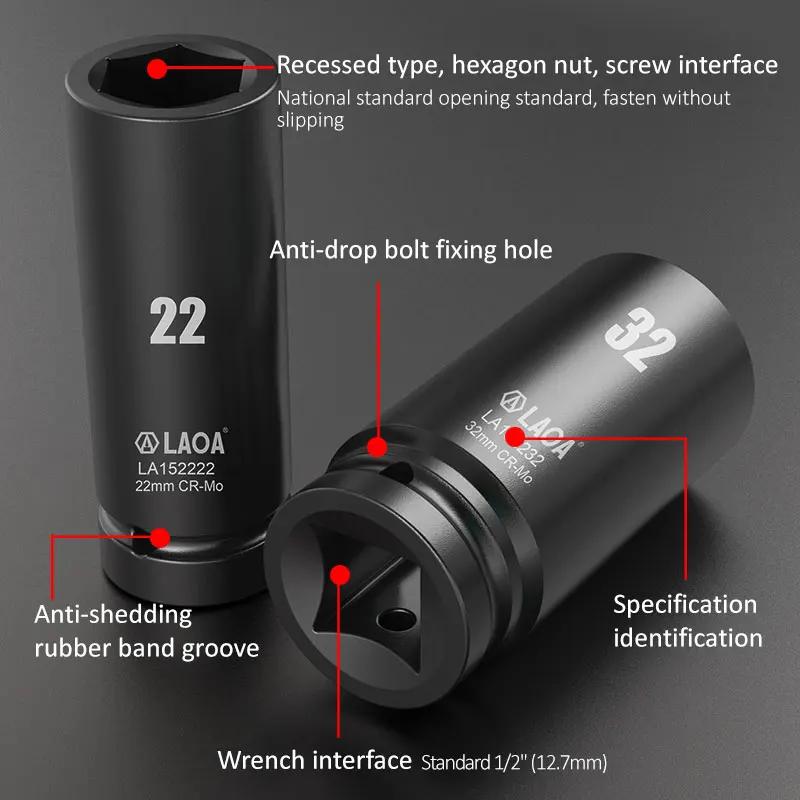 Clé à douille hexagonale profonde LAOA 1/2 pouce 17-32 mm en acier CR-MO, douilles à impact pour clé