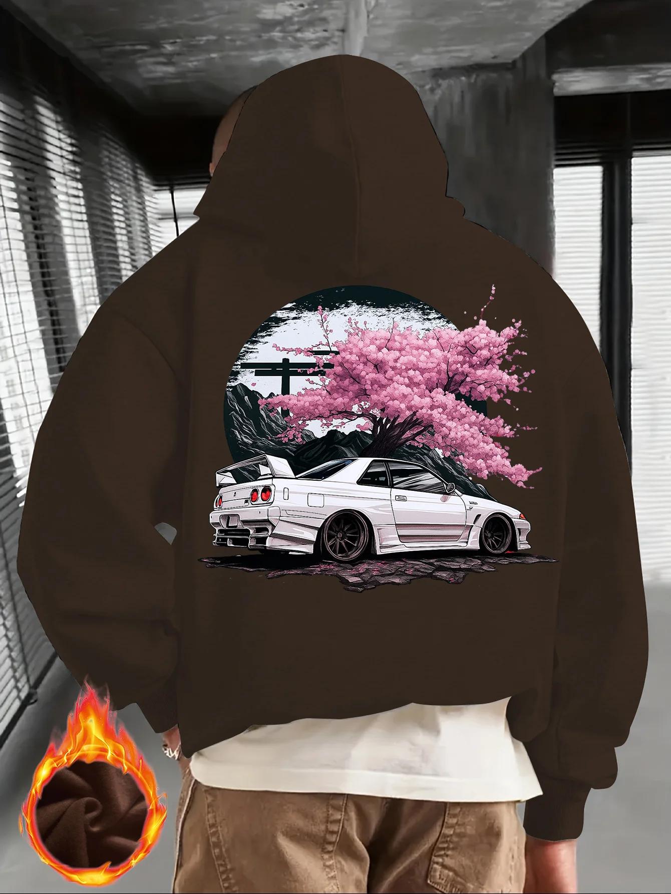 Sweat à capuche noir pour hommes avec voiture JDM blanche et imprimé dos de fleur de cerisier rose, 
