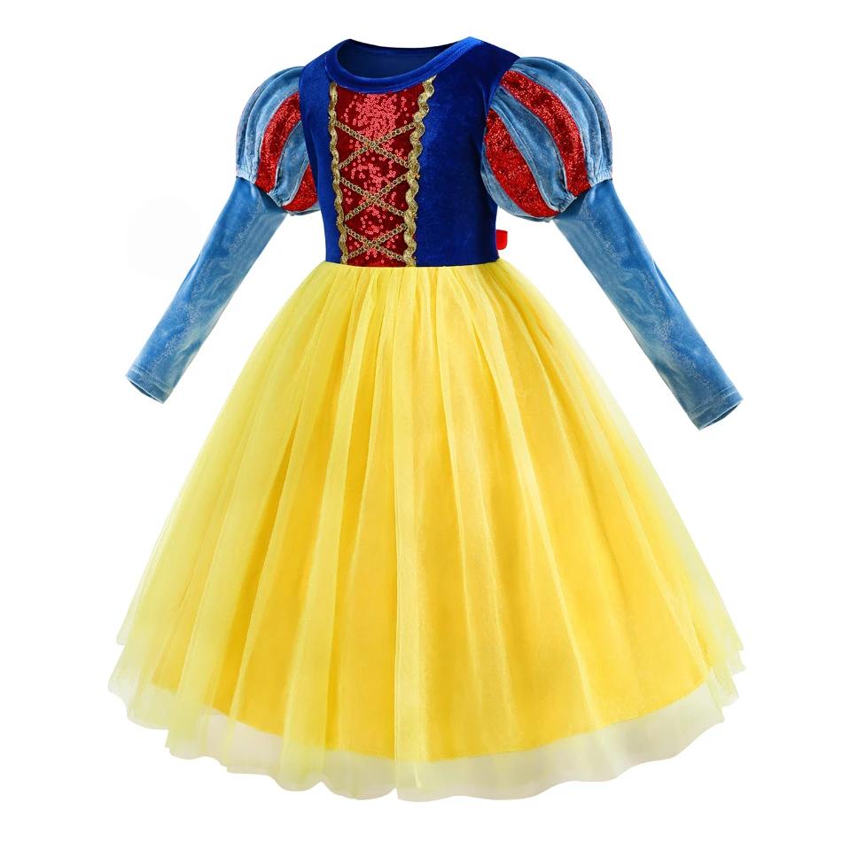 Robe de princesse Blanche-Neige pour Halloween, manches longues, en velours, costume pour enfants, f
