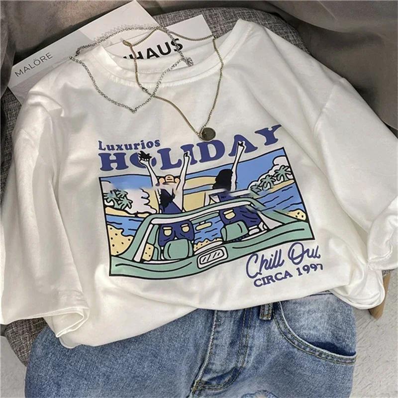 T-shirt manches courtes col rond femme, rétro américain, Chic, blanc, tendance, imprimé, été