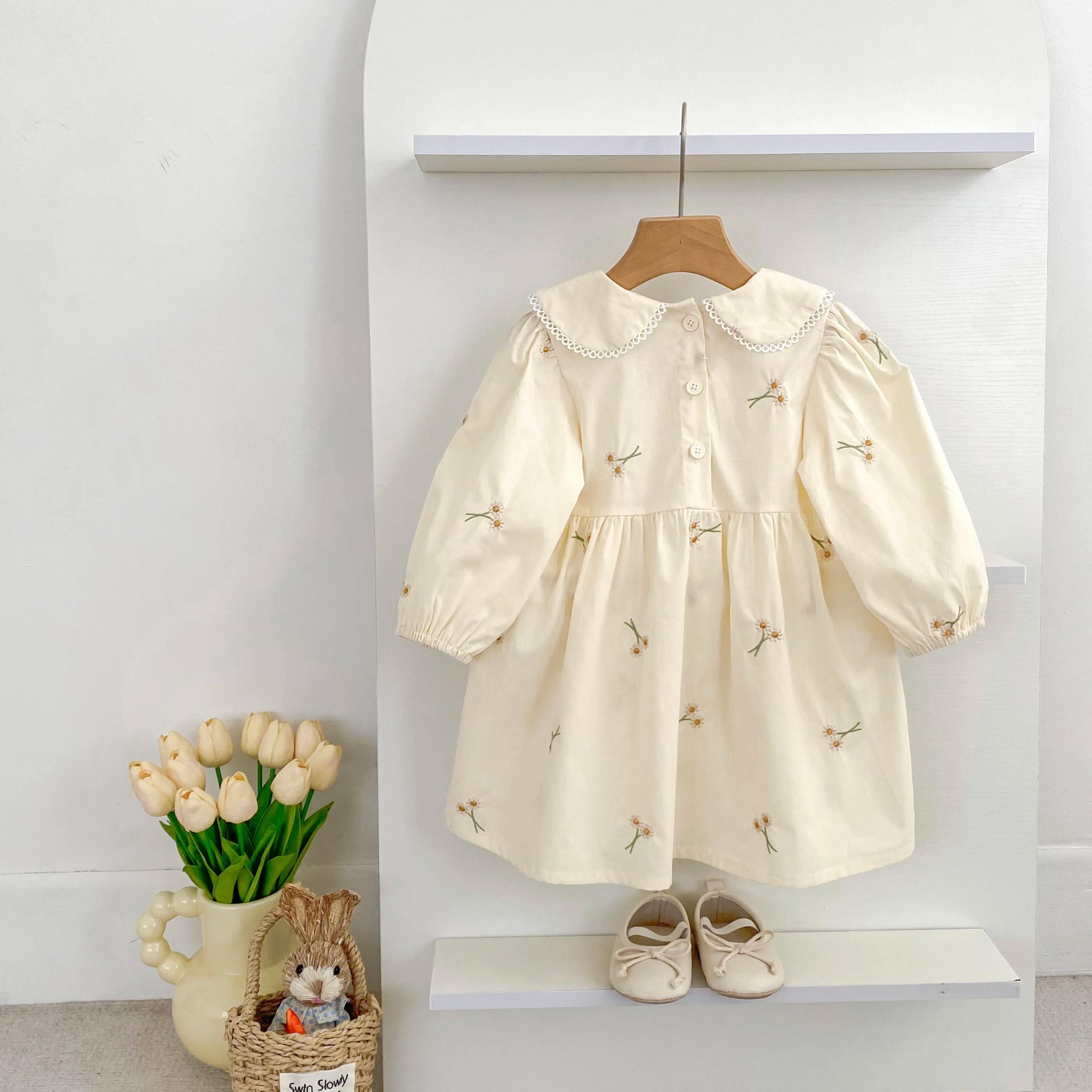Vêtements de printemps pastorale pour petites filles, robe d'automne en coton brodé à fleurs, robe d