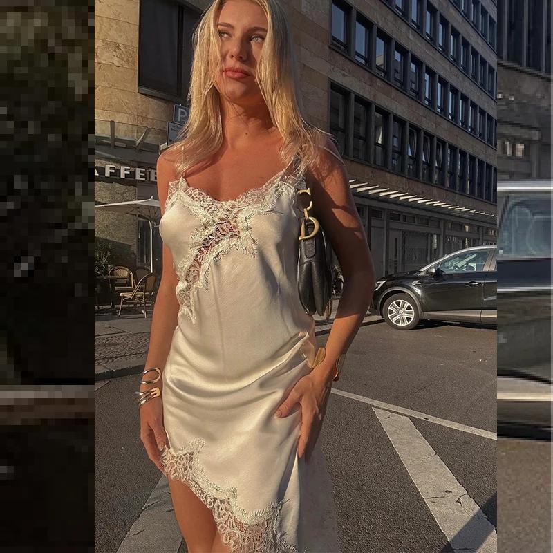 HXAO Slip femmes robes sans manches robe en dentelle noire femme asymétrique robes de soirée élégant