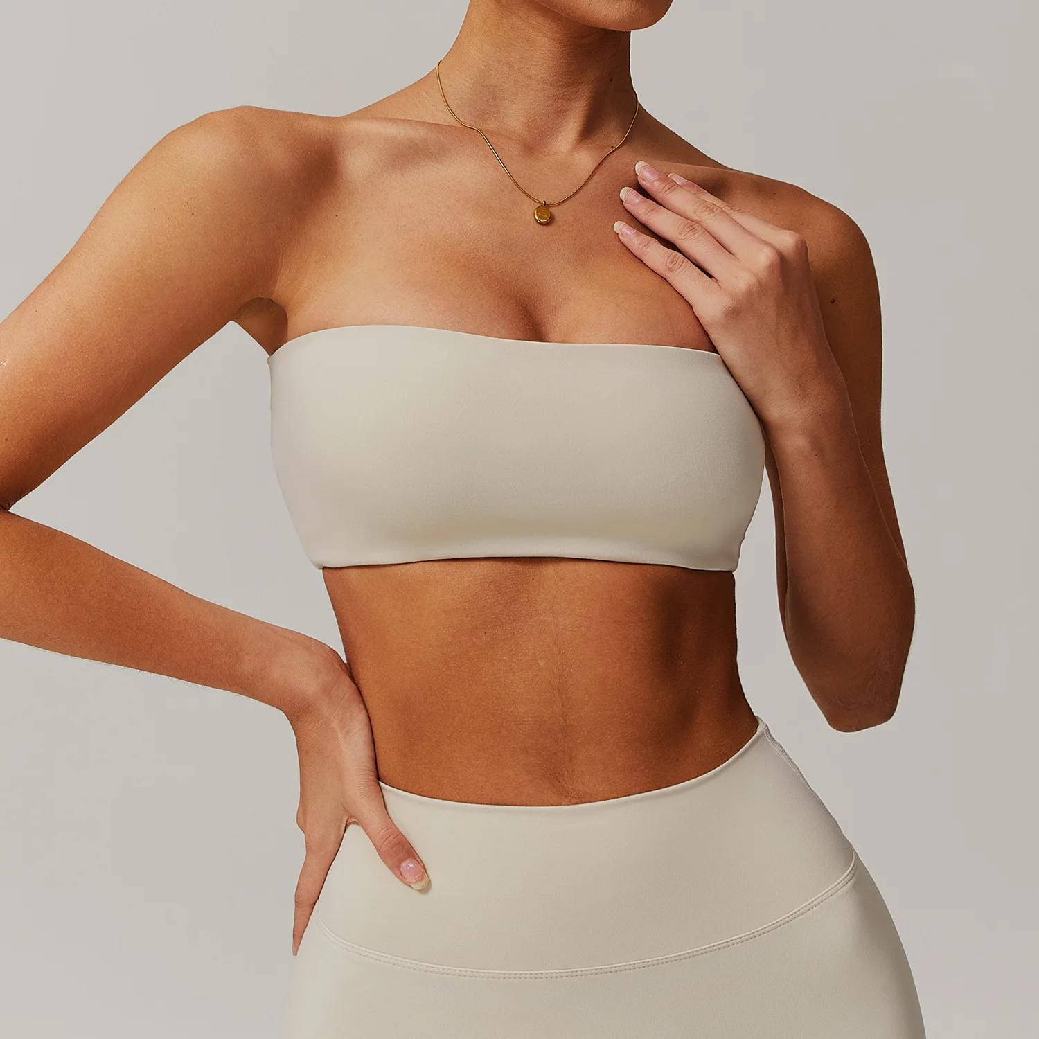 Soutien-gorge sport femme sans bretelles bustier bandeau - Haut fitness yoga respirant enveloppant
