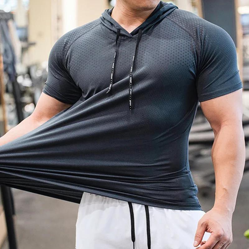 Sweat à capuche pour hommes, course à pied, musculation, Sport, manches courtes, vêtements de Fitnes