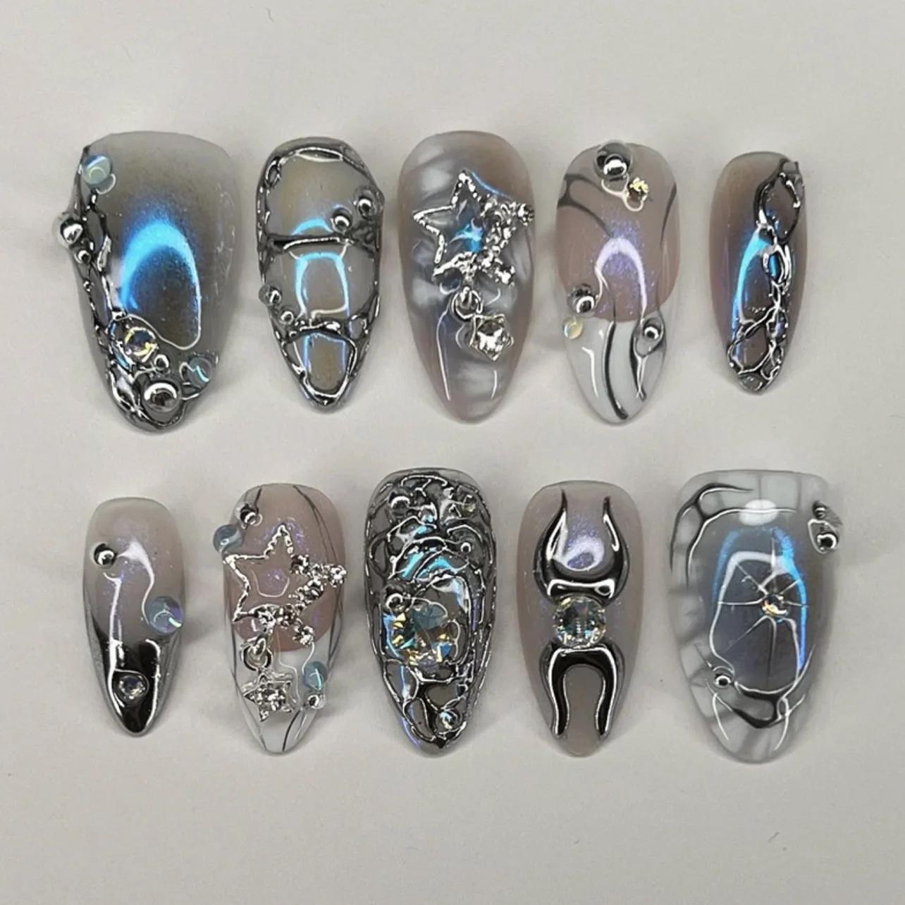 24 pièces faux ongles fille épicée arc argenté avec diamant faux ongles avec colle amande presse sur