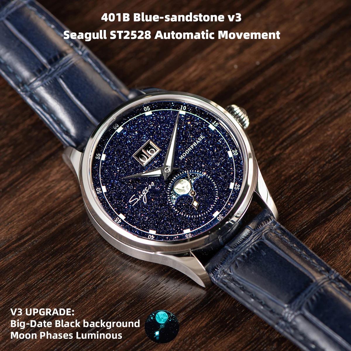 Sugess Moonphase montre pour hommes 40mm montres mécaniques automatiques origine ST2528 mouvement ac
