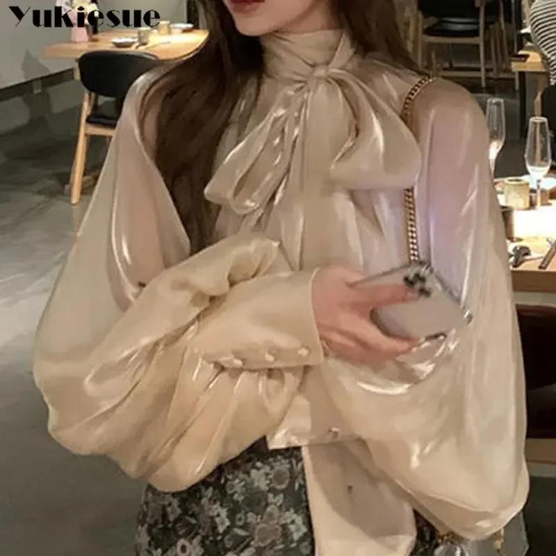 Printemps automne femmes hauts à la mode nouvelles chemises lanterne manches col montant solide déco