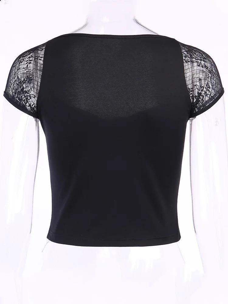 Vintage hauts Goth T-shirt femmes moulante pansement dentelle noir T-shirts gothique Streetwear Sexy