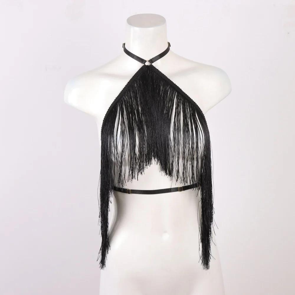 Haut licou à pampilles noires pour femmes, harnais élastique réglable, vêtements toutes saisons, hau