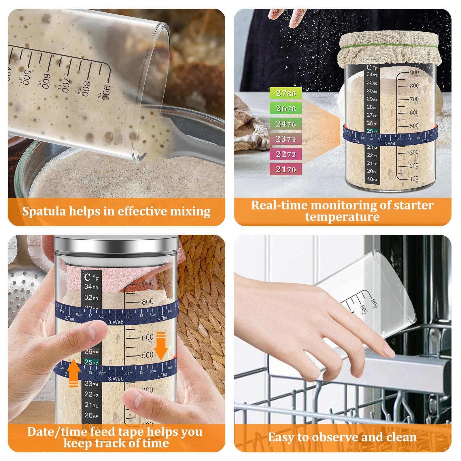 Pot de démarrage à levain 900ml, récipient de démarrage, pot en verre transparent et accessoire, fou