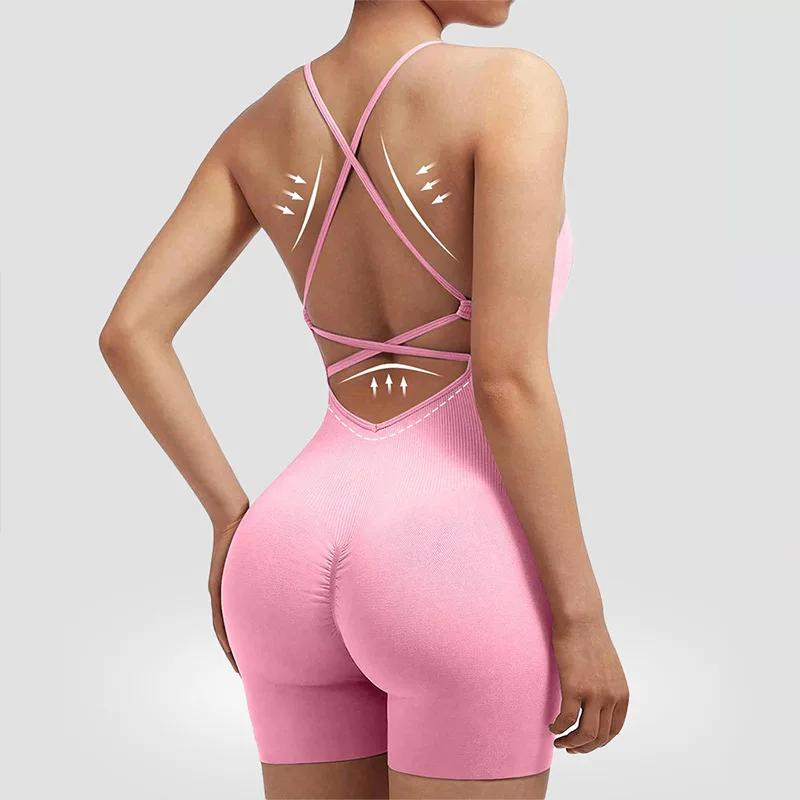 Combinaison de sport sexy pour femme, justaucorps de yoga une pièce, short froncé, dos nu, ajustable
