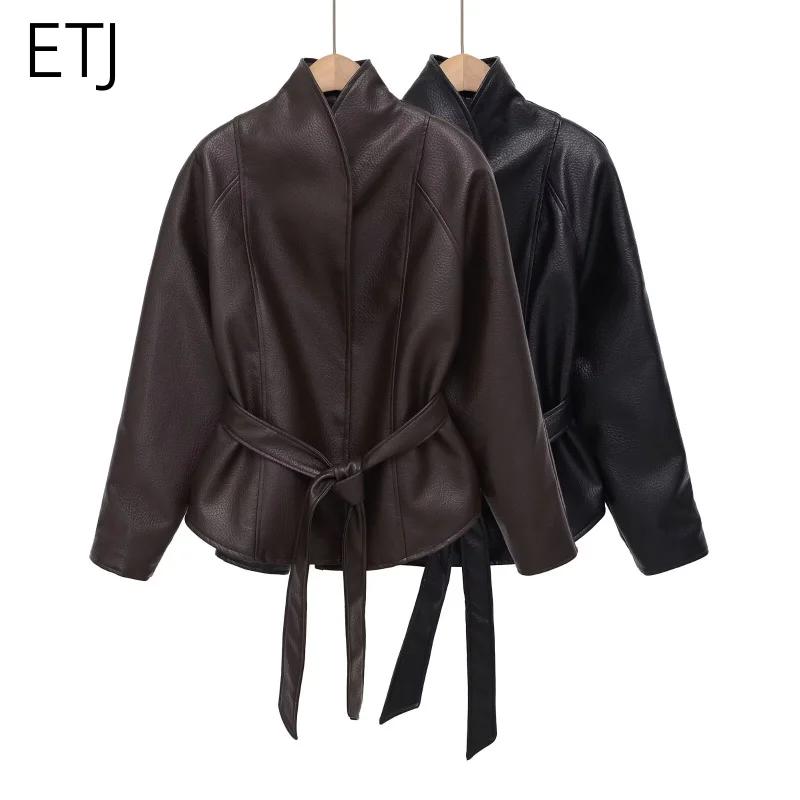 Veste Courte Ceinturée en Similicuir PU Vintage pour Femme ETJ, Col Montant, Collection Printemps 20