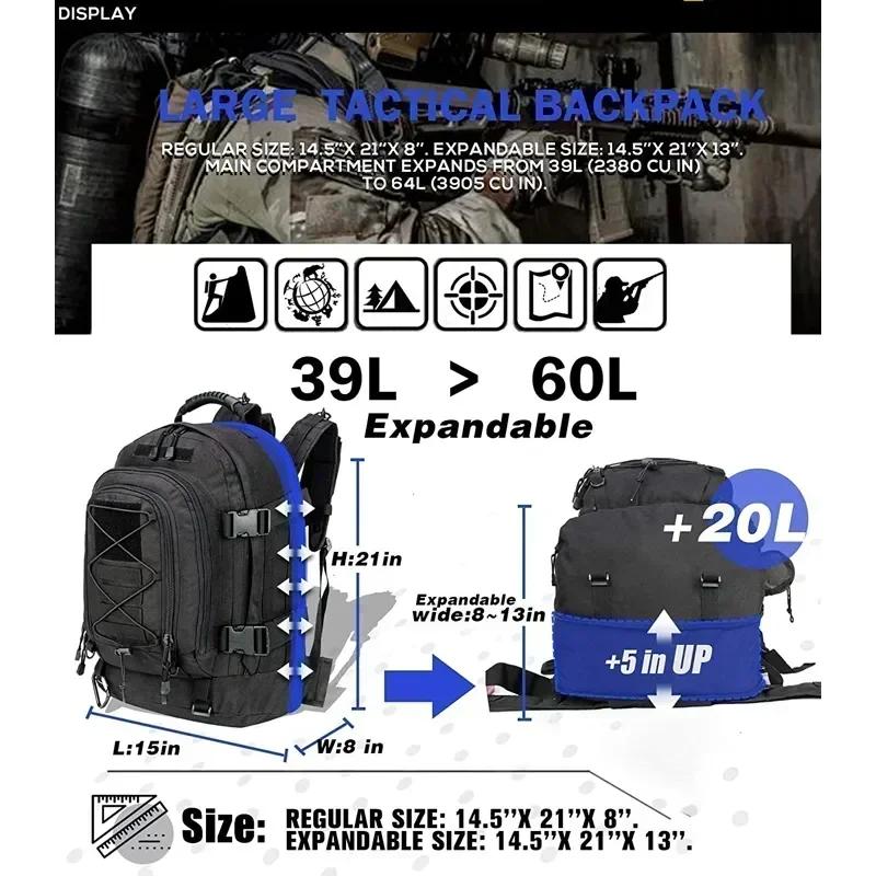 Sac à dos tactique Extra Large 60L pour hommes et femmes, résistant à l'eau en plein air, de randonn