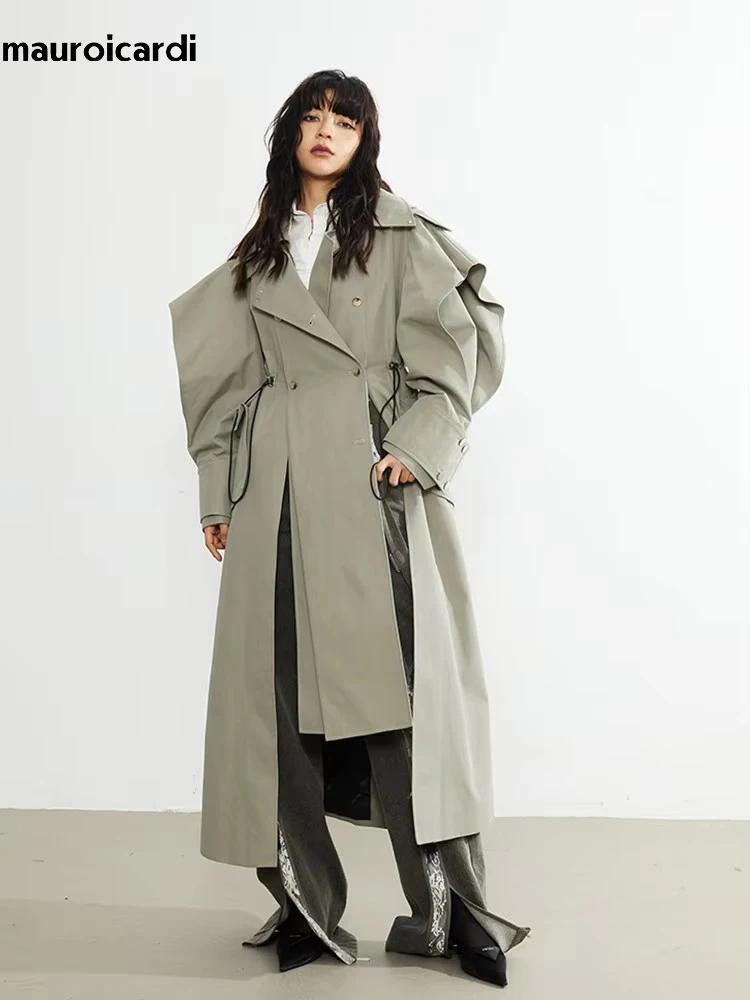 Mauroicardi-Manteau long à double boutonnage pour femme, pardessus élégant à volants, mode de piste,