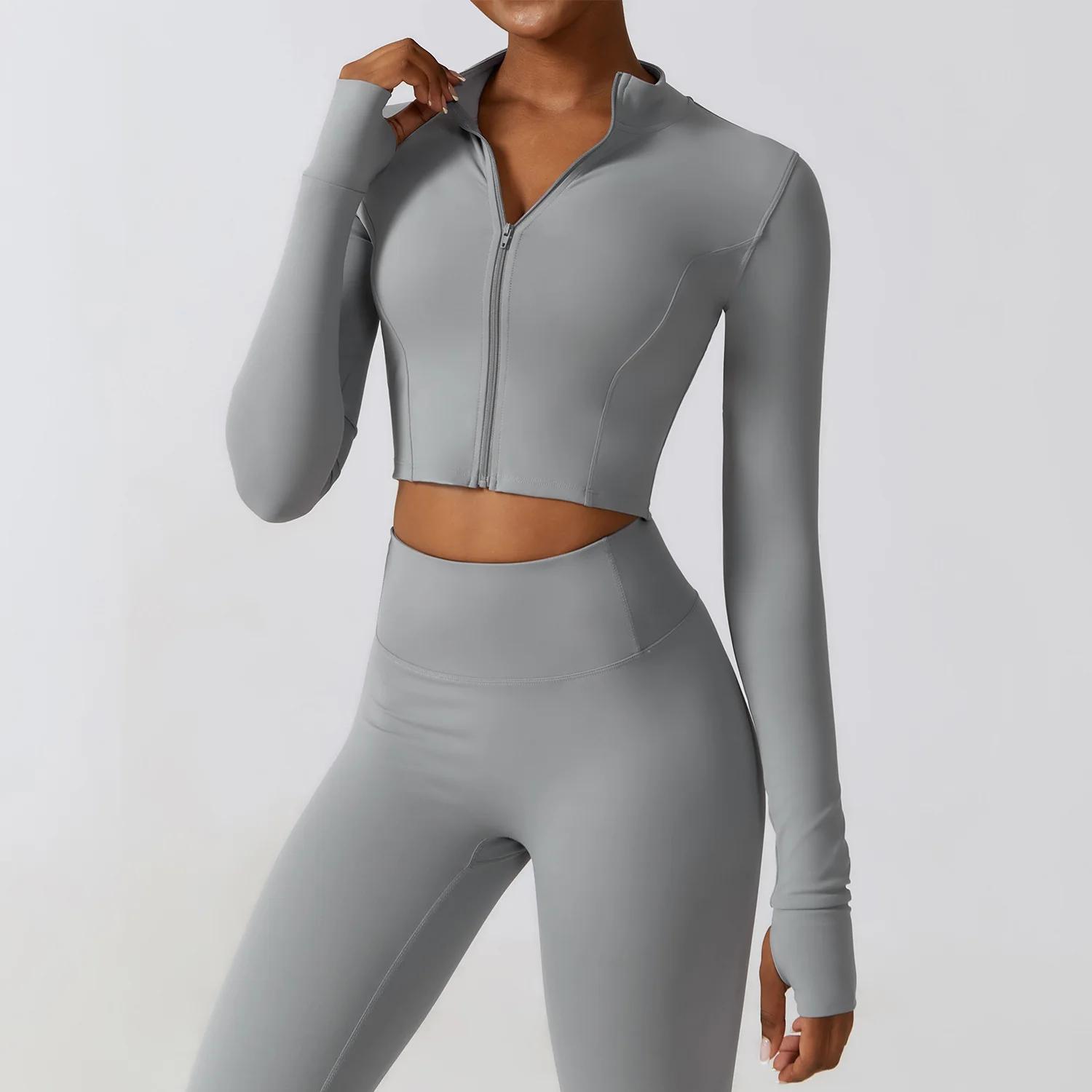 Haut à manches longues pour femmes, veste à fermeture éclair, chemises de Yoga, T-Shirt de course, d