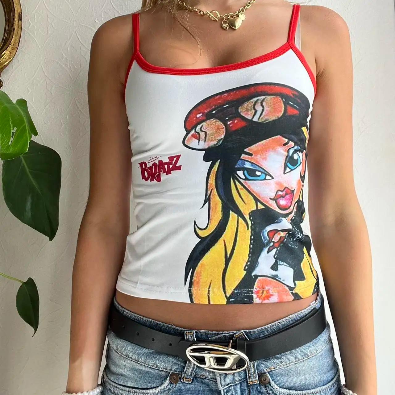 Débardeur imprimé dessin animé Y2k pour filles, haut court d'été Vintage à col ras du cou, Streetwea