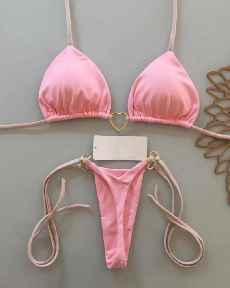 Sexy licou couleur unie ensemble Bikini maillot de bain pour femme deux pièces Triangle string maill
