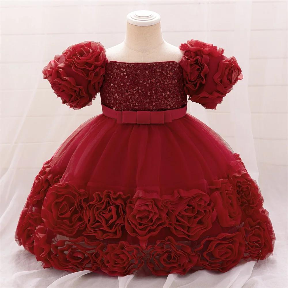 Robes à fleurs à paillettes pour petites filles, en dentelle, pour mariage, noël, fête de 1er annive