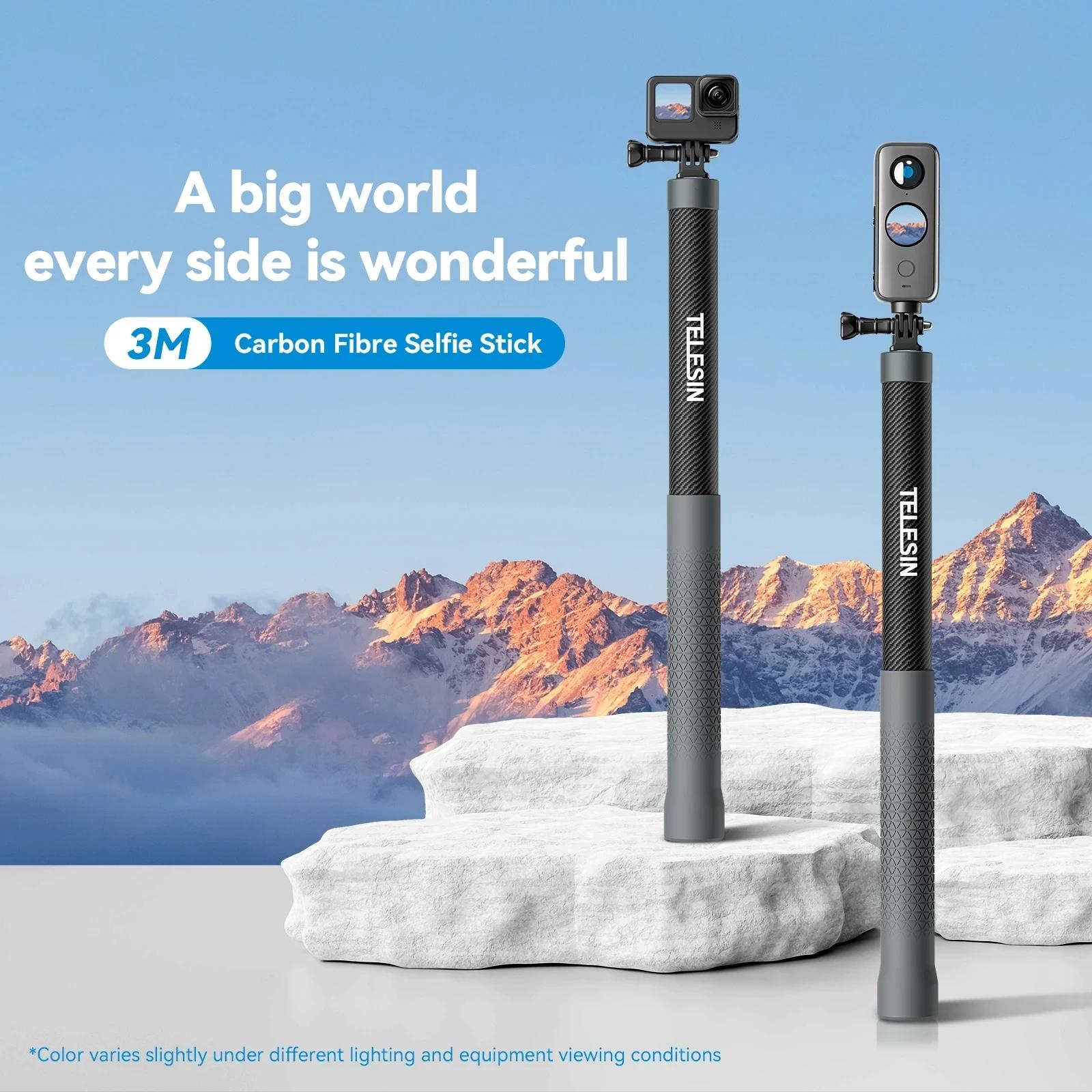 TELESIN 1.2M 3M perche à Selfie en Fiber de carbone monopode extensible avec vis 1/4 pour GoPro 13 1