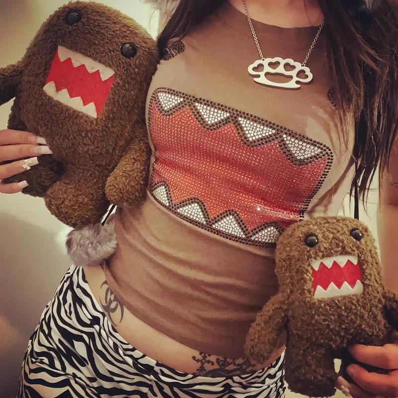 2025 été nouvelles femmes Y2K fille rétro chaud Fix strass Application col rond haut T-shirt drôle V