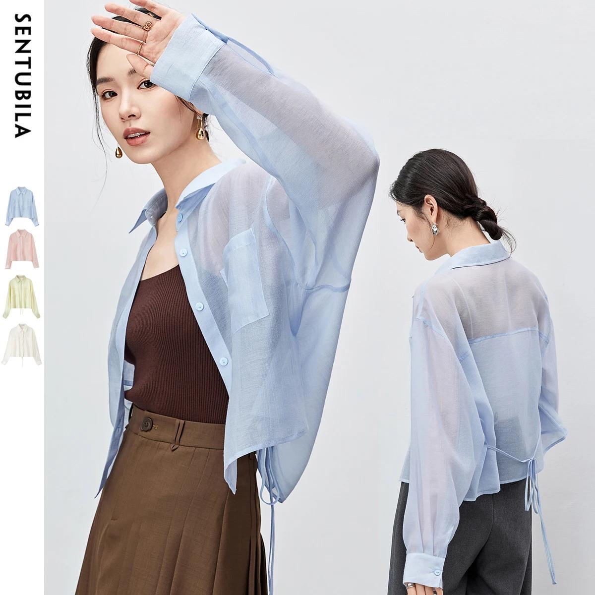 Chemisier transparent en Lyocell SENTUBILA pour femme, collection été 2026, haut court à manches lon