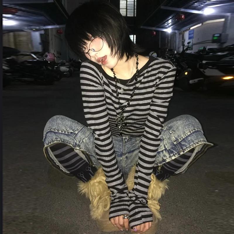 Genayooa japonais Y2k T-shirt femmes à manches longues épaules nues rayé culture hauts Y2k Grunge 20