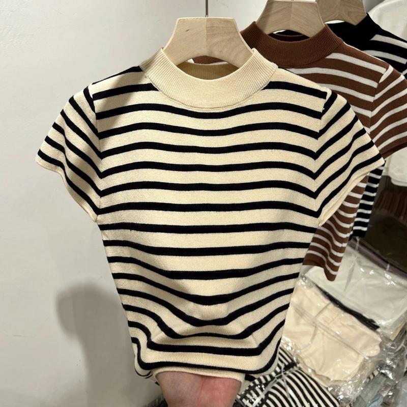 Pull à col roulé rayé pour femme, haut ajusté, chemise à manches courtes, début du printemps et de l