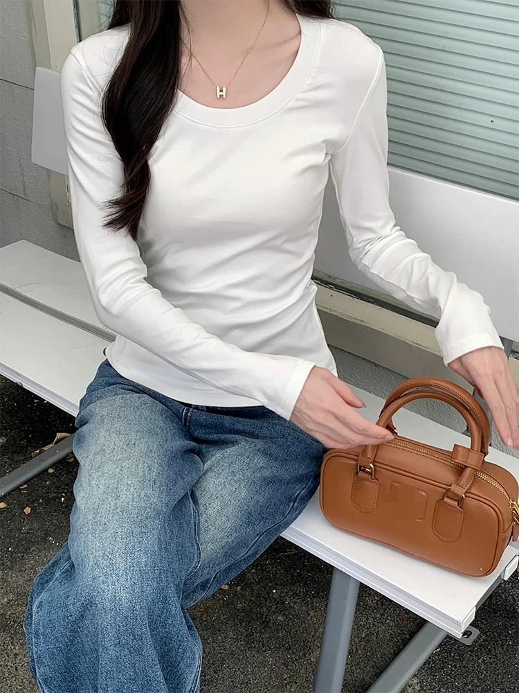 Col en U à manches longues T-Shirt femmes automne hiver nouveau coton mince haut décontracté basique