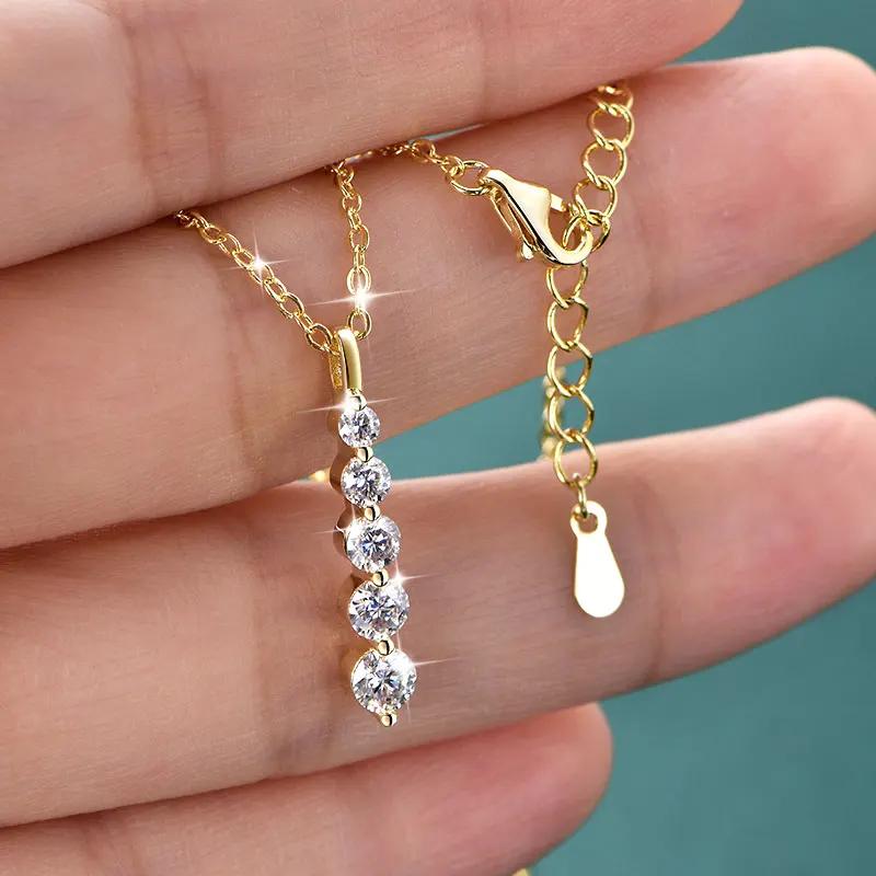 Lnngy – collier brillant en Moissanite à 5 pierres, collier à pendentif long en or rempli de 14 cara