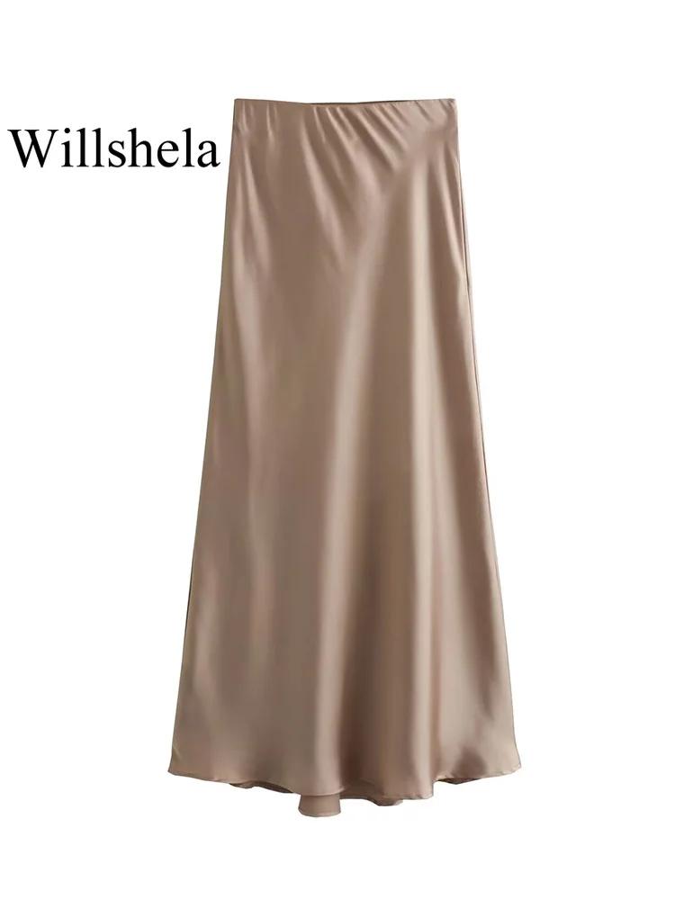 Willshela 2024 jupe en Satin noir femme taille haute jupes longues élégantes pour les femmes mode ét