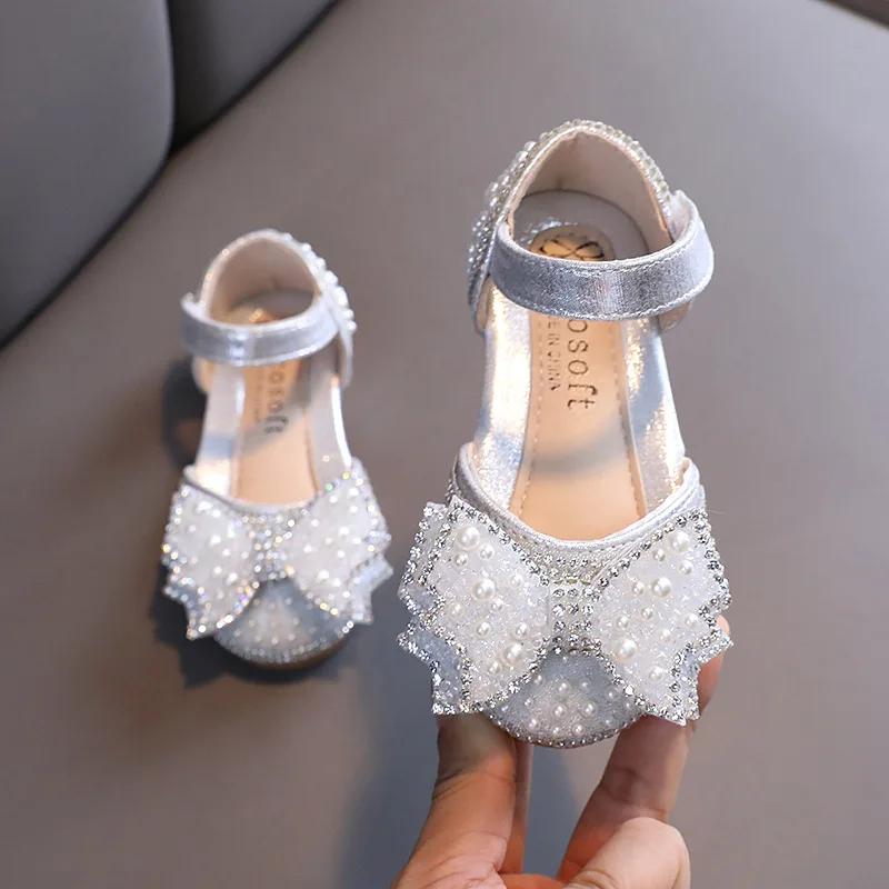 Sandales d'été plates de princesse pour filles, chaussures à paillettes avec nœud en strass, chaussu