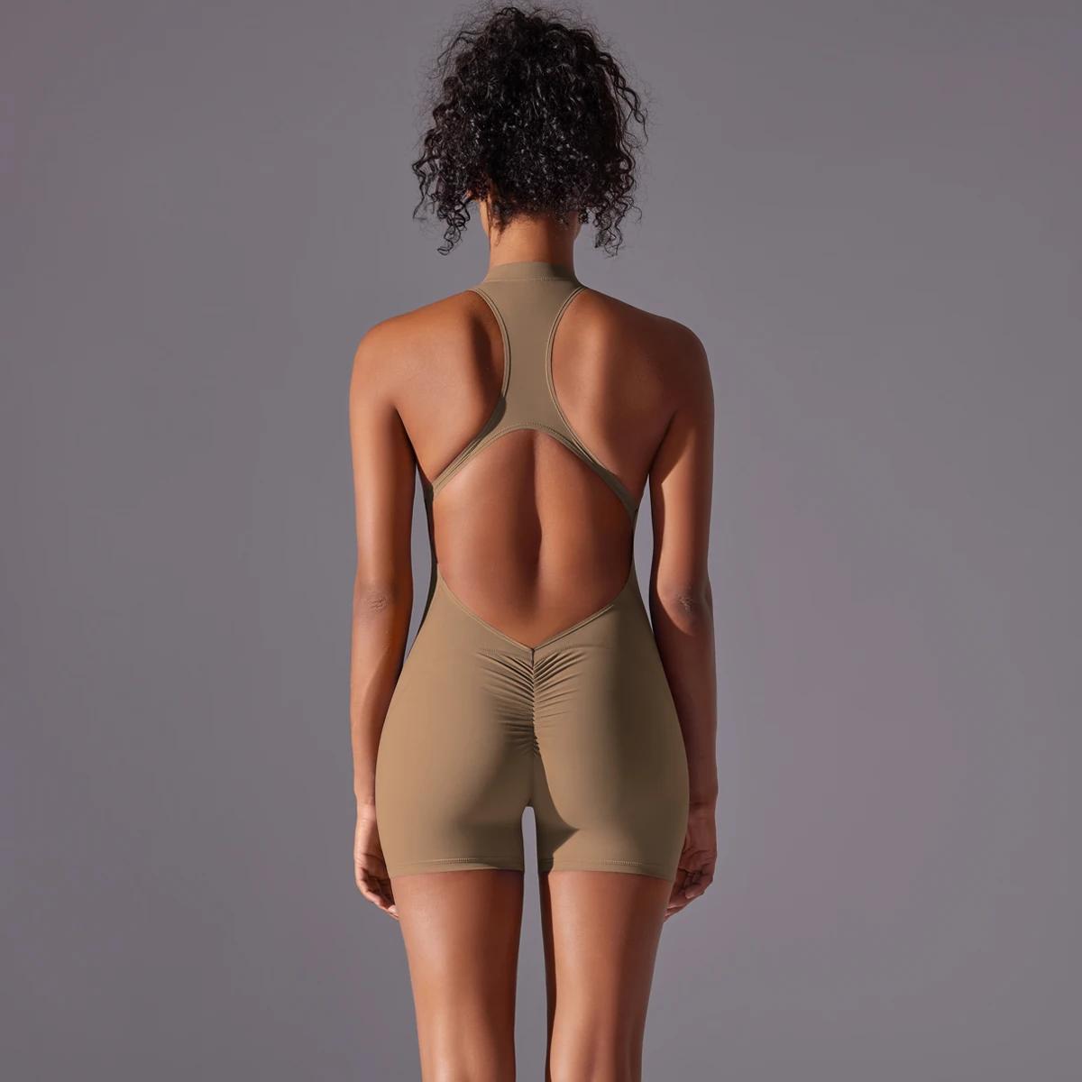 Demi fermeture éclair femmes body gymnastique Push Up vêtements d'entraînement dos nu Scrunch Fitnes