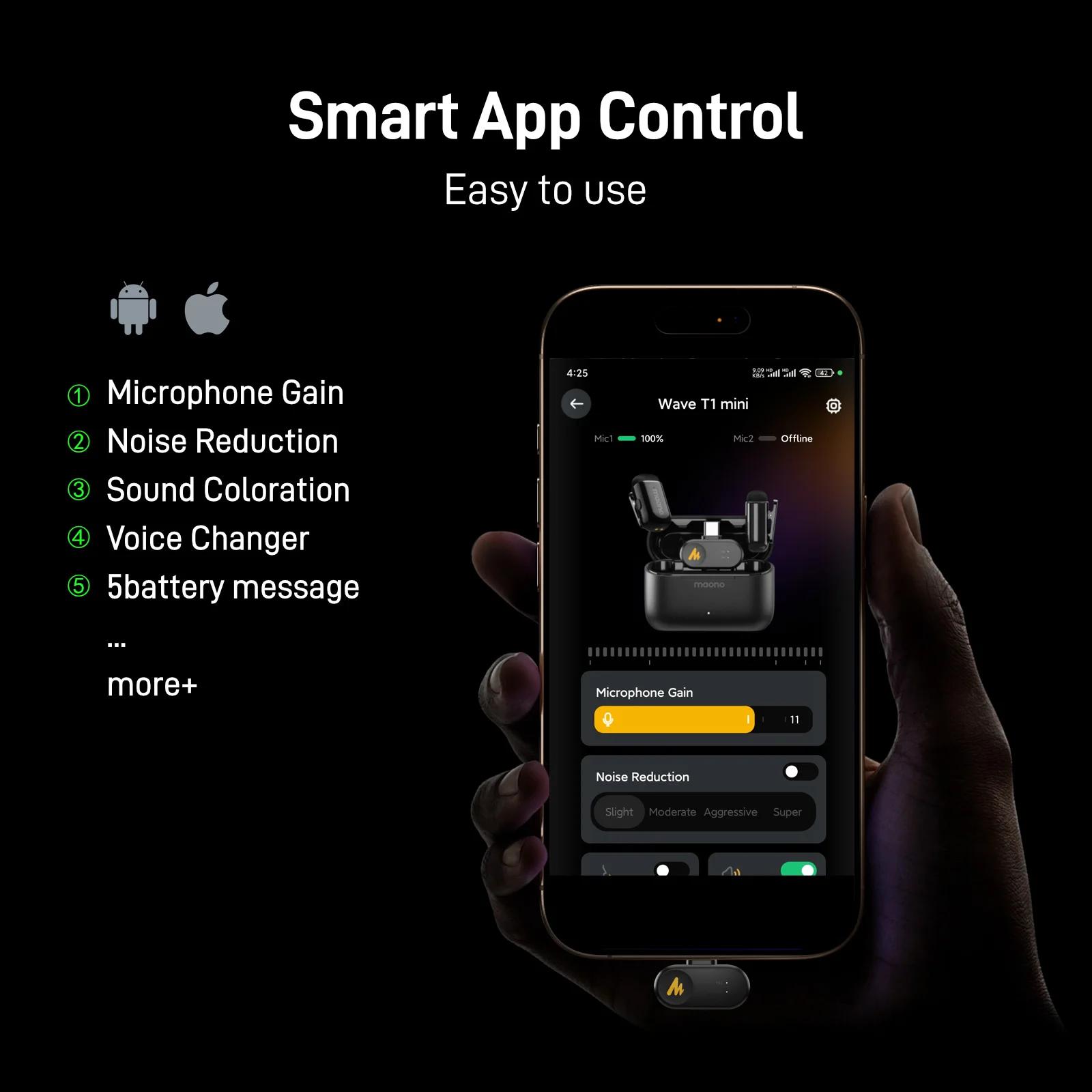 Microphone sans fil miniature maono T1 pour téléphone, réduction de bruit AI, coupe automatique du s