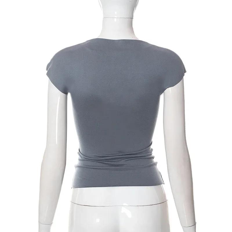 Sexy Wrap poitrine évider col roulé mince t-shirt femmes manches courtes chemise à bascule dames t-s