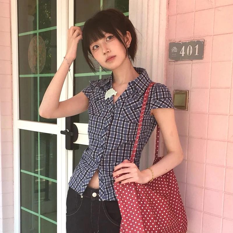 Karrram japonais Y2k chemise à carreaux Vintage Harajuku col en v Blouses mode coréenne femmes chemi