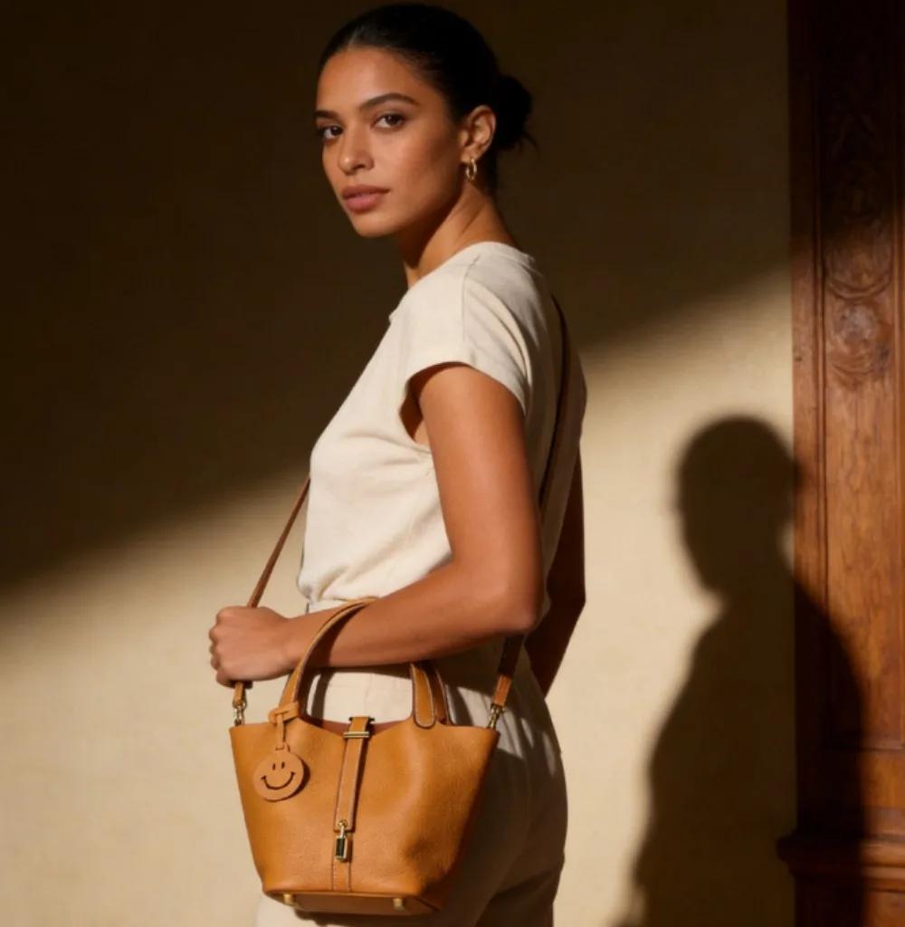 Sac panier à légumes en cuir de vache pour femmes, sac seau polyvalent à première couche, sac à main