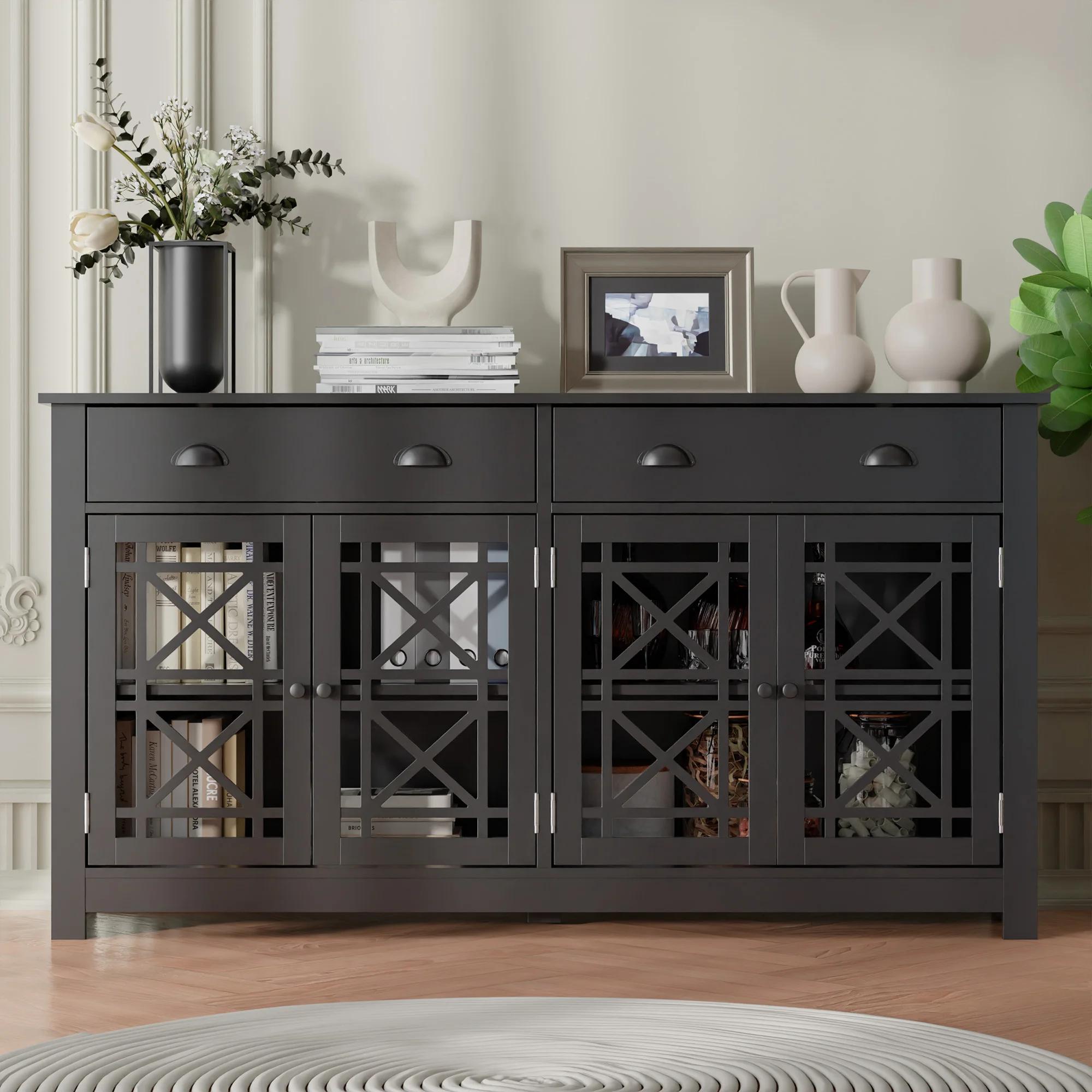 Buffet en bois avec 4 portes en verre acrylique, armoire de bar autoportante, armoire de planche mod