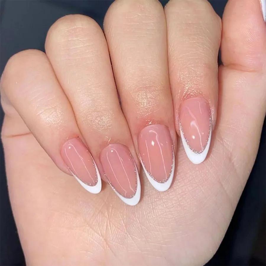 Faux ongles en forme d'amande à paillettes simples, avec colle, Design d'ongles ballerine, doux et f