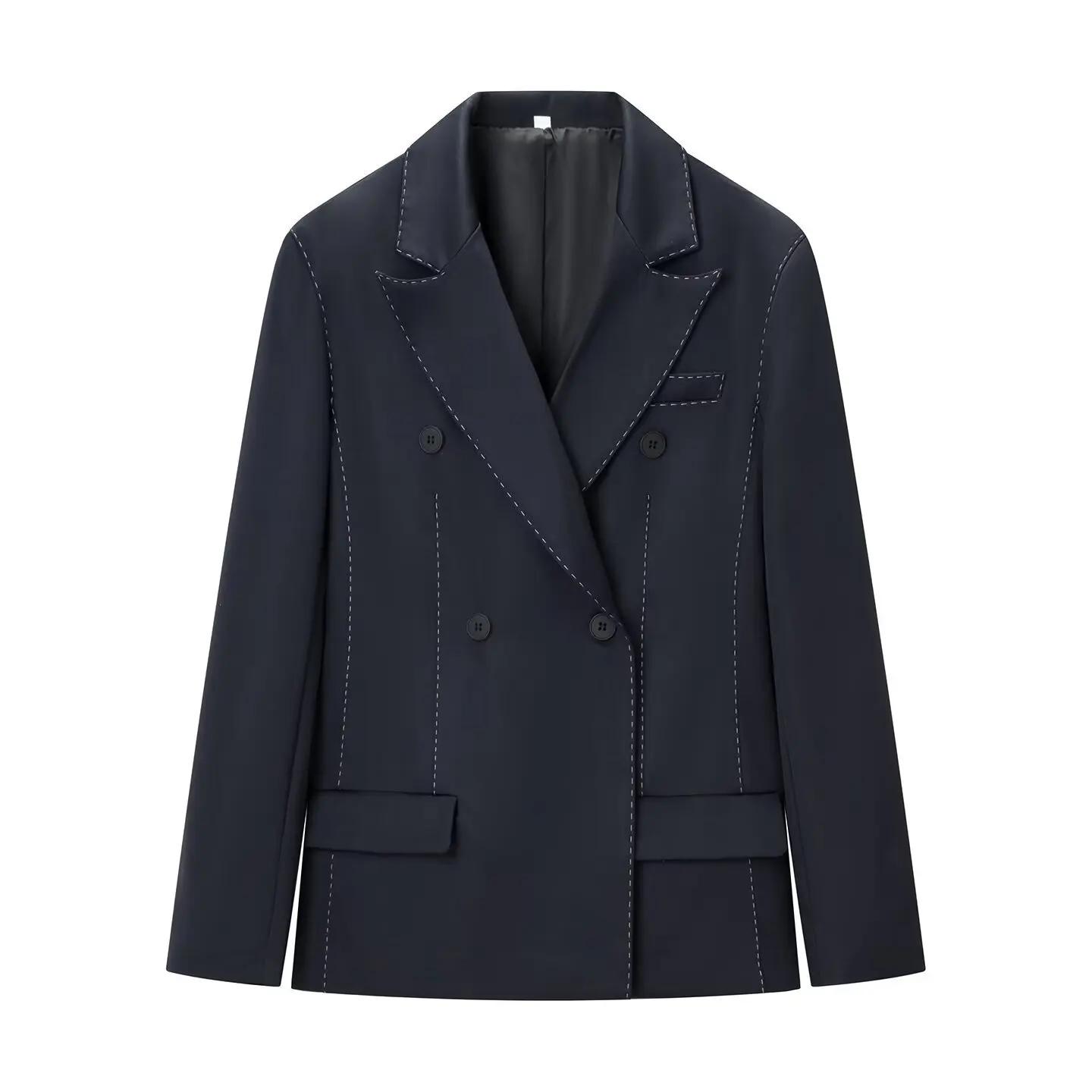 Blazer rayé pour femme, décontracté, ample, à revers, double boutonnage, manches longues, veste de b
