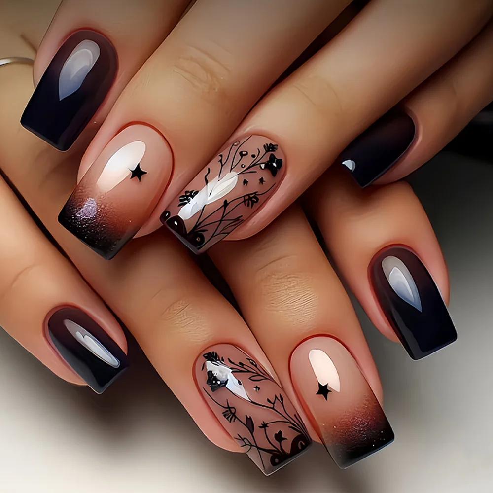 Faux ongles courts et moyens, violet, bleu, rouge, marron, fleurs noires, papillon, automne-hiver, p
